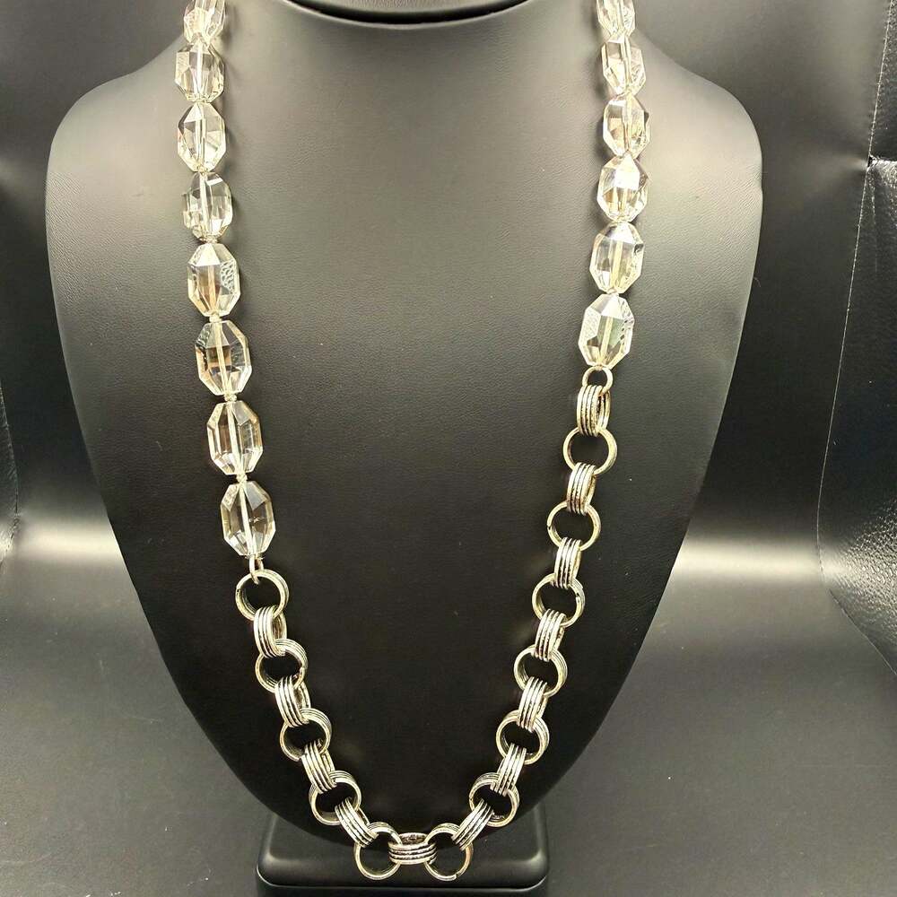 LOFT Signed Faceted Clear Glass Bead Silver Tone Textured Link Chain Necklace